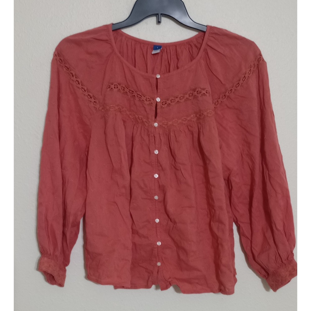 Old Navy Coral Pink Boho Crochet Lace Embroidered Button Front Blouse Large